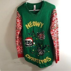 Meowy Christmas Ugly Sweater 3X Women’s Cat Kitty Santa Glasses Lights